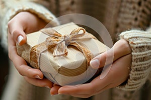 Woman Hands Holding Gift Giving Christmas Present