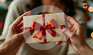 Woman Hands Holding Gift Giving Christmas Present