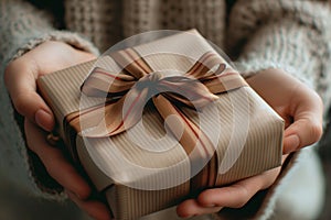 Woman Hands Holding Gift Giving Christmas Present