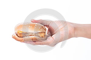 Woman Hands holding a hamburger  isolated on white background