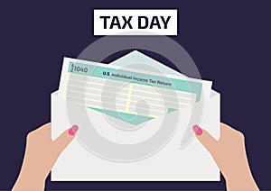 Woman hands holding the income Tax Form 1040. A woman signing or filling the form. Vector illustration for Tax Day on April 17. Ve