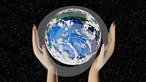 Woman hands holding planet earth with space background. 3d render animation