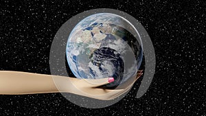 Woman hands holding planet earth with space background. 3d render animation