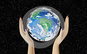 Woman hands holding planet world with space background. 3d illustration or 3d render