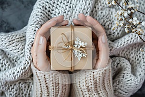 Woman hands holding present box with beige bow