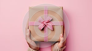 Woman hands holding present box with pink bow on pastel pink background