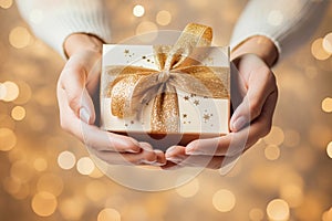 Woman hands holding present gift box decorated golden ribbon on light background with gold bokeh. Top view