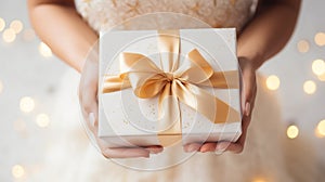 Woman hands holding present gift box decorated golden ribbon on light background with gold bokeh. Top view