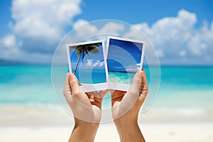 Woman hands holding printed vacation photos. Memories of a holiday by the sea