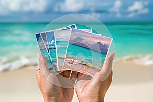 Woman hands holding printed vacation photos. Memories of a holiday by the sea