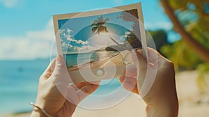 Woman hands holding printed vacation photos. Memories of a holiday by the sea