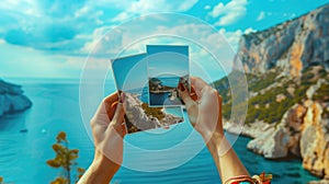 Woman hands holding printed vacation photos. Memories of a holiday by the sea