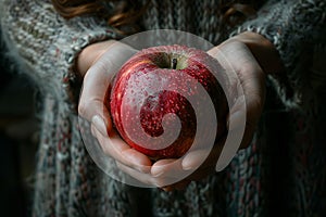 Woman Hands Holding Red Apple. AI Generated