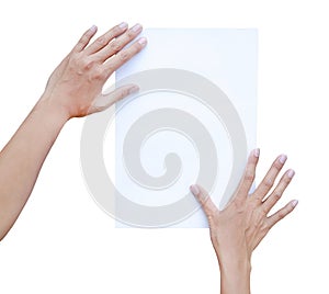Woman hands holding sheet of paper isolated on white background