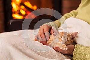 Woman hands holding sleeping ginger kitten in front of fireplace
