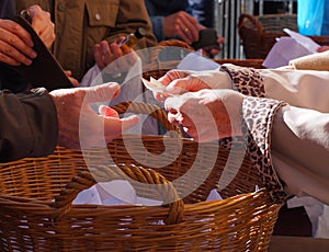 Woman hands holding some euro coins. Pension, poverty, social problems and senility theme