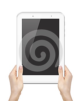 Woman hands holding tablet computer on white