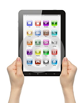 Woman hands holding tablet PC with icons