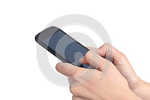 Woman hands holding and touching a mobile phone screen with her thumbs