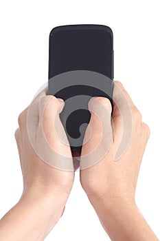 Woman hands holding and touching a mobile phone screen with her thumbs