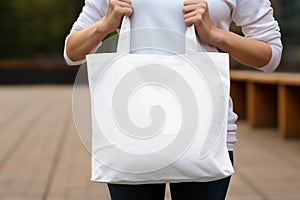 Woman hands holding white blank with copy space bag