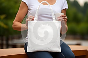 Woman hands holding white blank with copy space bag