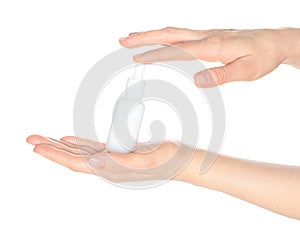 Woman hands holding a white cosmetic bottle, isolated on transparent background close-up, template for cosmetics ads