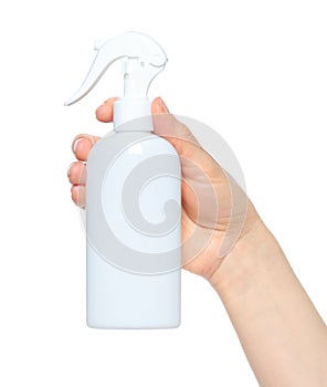 Woman hands holding a white spray bottle, isolated on transparent background close-up, template for cosmetics ads
