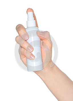 Woman hands holding a white spray bottle, isolated on transparent background close-up, template for cosmetics ads