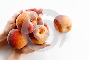 Woman hands holds full palms of fresh sweet peaches on white background. Organic superfood concept for healthy eating
