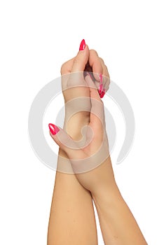 Woman hands isolated on white background.