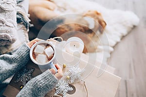 Woman hands ith cup of hot chocolate close up image, cozy home,