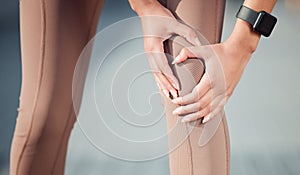 Woman, hands and knee injury with pain in fitness from accident, torn muscle or inflammation in outdoor exercise