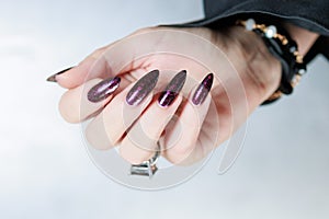 Woman hands with long nails and a bottle of dark red burgundy nail polish