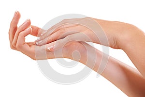 Woman, hands and manicure for french nails, polish and cosmetic care, skincare and beauty. White background, wellness