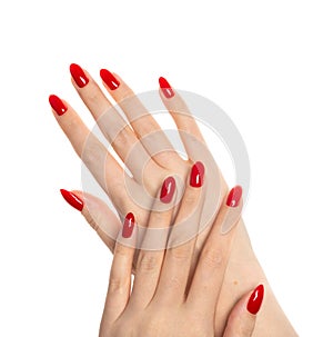 Woman hands with manicured red nails