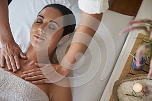 Woman, hands and massage for skin care, pamper and beauty therapy for spa treatment. Female person, destress and