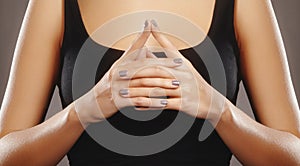 Woman hands in mudra symbol. Ritual gesture in Hinduism and Buddhism. Self-healing and self-making practice. Yoga rest