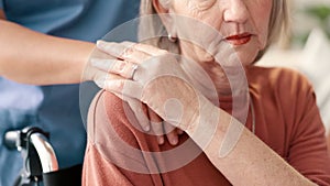 Woman, hands and nurse in elderly care, support or trust for healthcare, advice or comfort at old age home. Closeup of