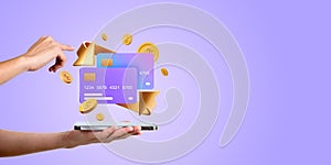 Woman hands with phone and cashback icons