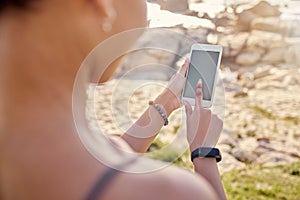 Woman, hands and phone mockup at the beach for social media, communication or chatting in the outdoors. Hand of female