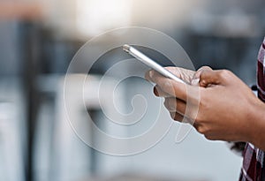 Woman, hands and phone of student typing on social media for communication, texting or networking at campus. Hand of