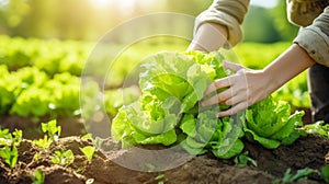 Woman hands picking green lettuce in vegetable garden, Generative AI