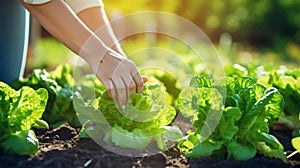 Woman hands picking green lettuce in vegetable garden, Generative AI