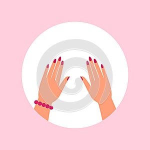 Woman hands with pink nails manicure. Isolated. Vector