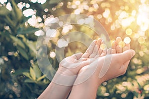 Woman hands place together like praying in front of nature background