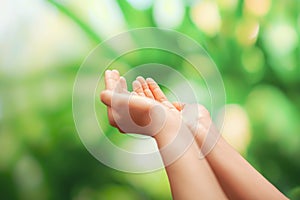 Woman hands place together like praying in front of nature green  background