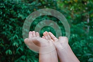 Woman hands place together like praying in front of nature green  background