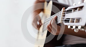 Woman hands playing acoustic classic guitar the musician of jazz and easy listening style select focus shallow depth of field with