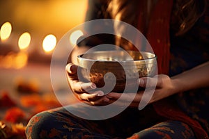 Woman hands playing tibetan singing bowl, copy space